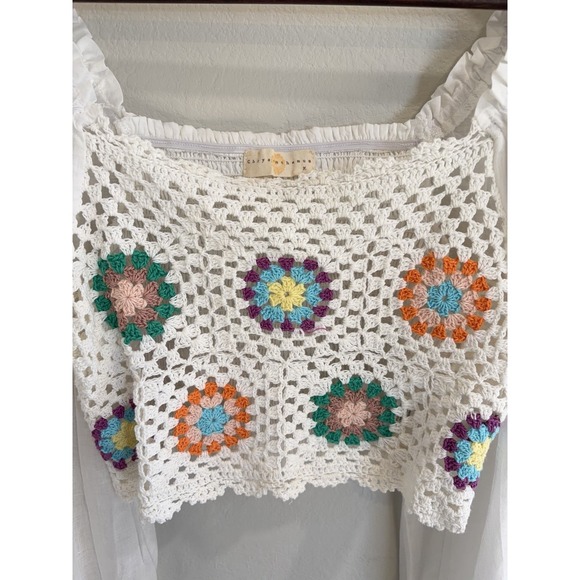 Chrysanthemum Boho Crochet Crop Top Sheer Peasant Sleeve Festival Blouse Women M - Picture 4 of 9